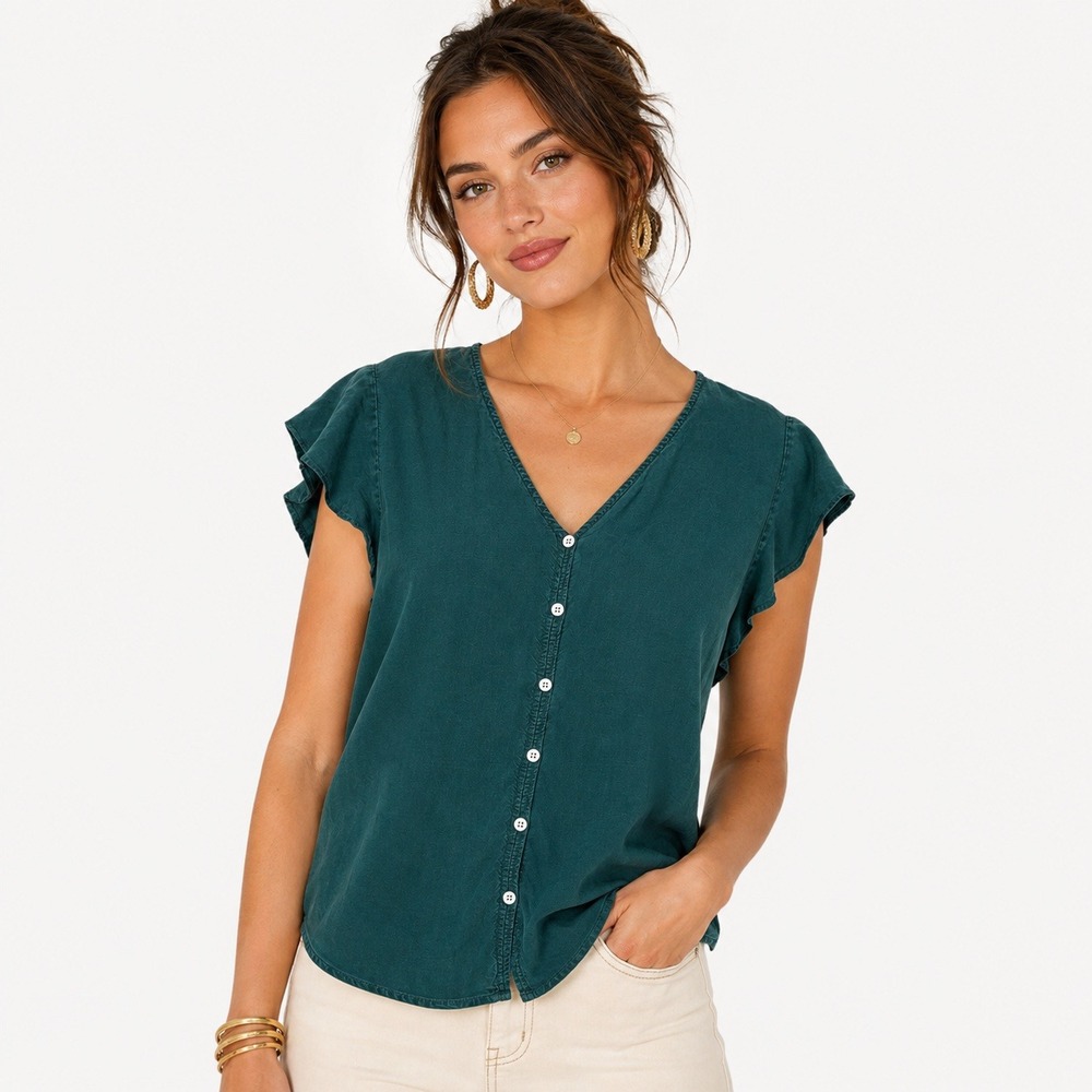 Les Serein Wendy Button Front Blouse Teal Green Flutter Sleeve Lyocell Large NEW